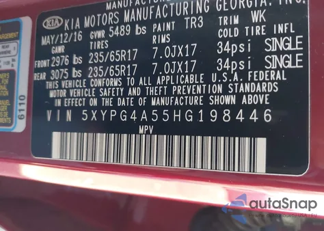 2017 Kia Sorento 3.3L Lx z USA, uszkodzony, nr VIN 5XYPG4A55HG198446